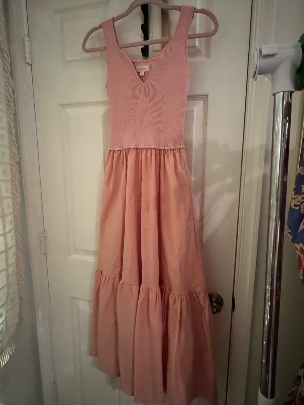 Elan Pink Maxi Dress Ribbed Knit Top Tiered Boho Coastal Sleeveless Size S